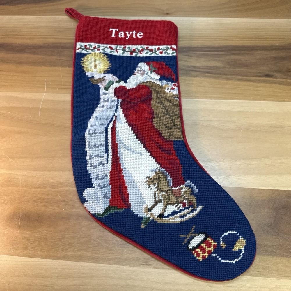 Vtg Needlepoint Wool Stocking Santa Father Christmas Blue Red Embroidered Tayte